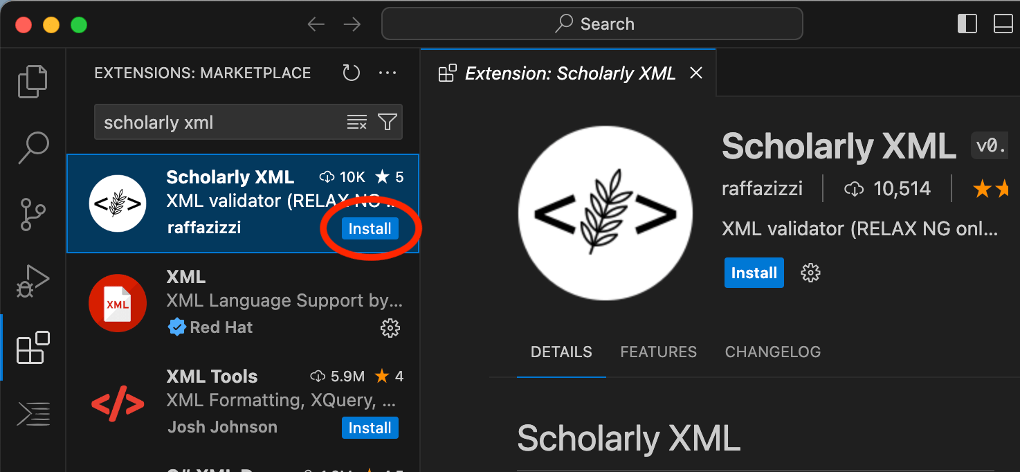 Side panel of VS Code showing the Scholarly XML extension with its install button higlighted