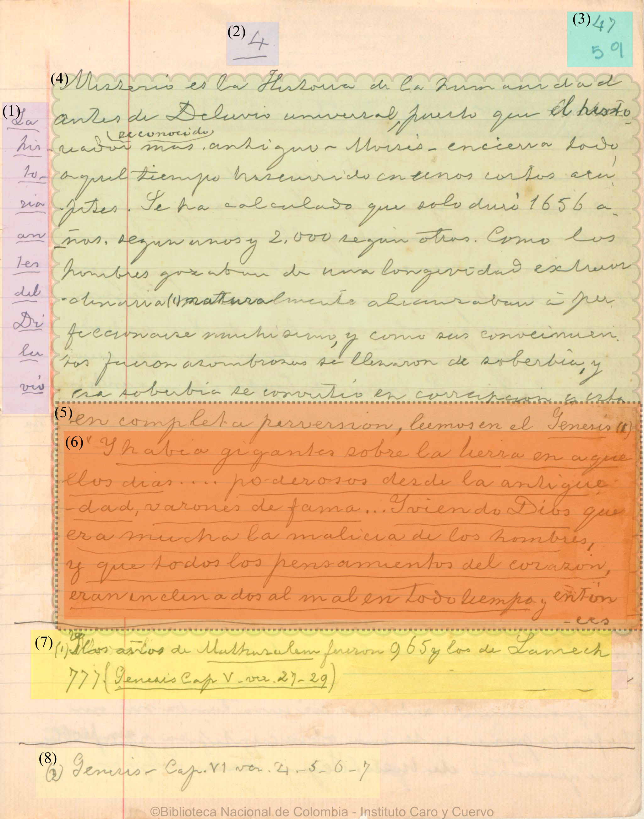 Imagen del manuscrito en que se destacan en diferentes colores los ocho tipos de texto identificados