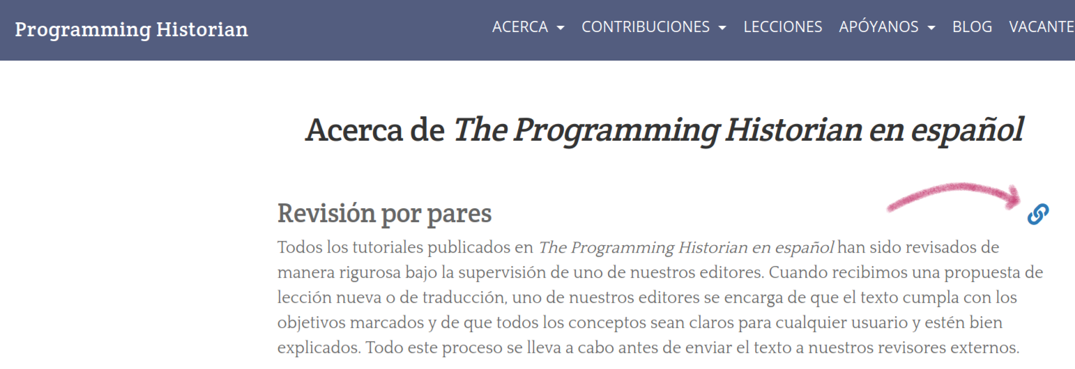 Captura de pantalla de la página 'Acerca de' del sitio de Programming Historian. En ella se muestra que a la derecha de los subtítulos aparece un ícono que representa un enlace 