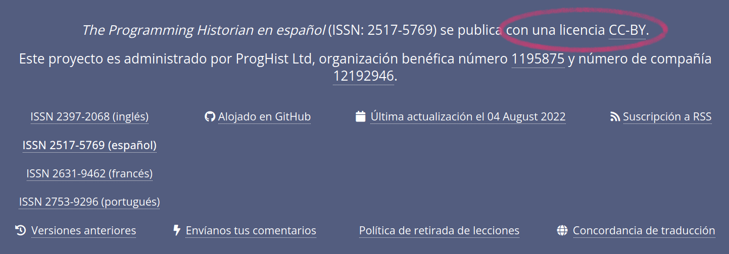 Captura de pantalla del pie de página del sitio de Programming Hisorian en el que se explicita la licencia con que se publican los contenidos
