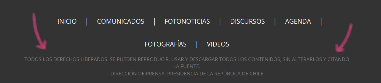 Captura de pantalla del pie de página en que se indica la licencia. El texto dice 'Todos los derechos liberados. Se pueden reproducir, usar y descargar todos los contenidos, sin alterarlos y citando la fuente. Dirección de prensa, Presidencia de la República de Chile'