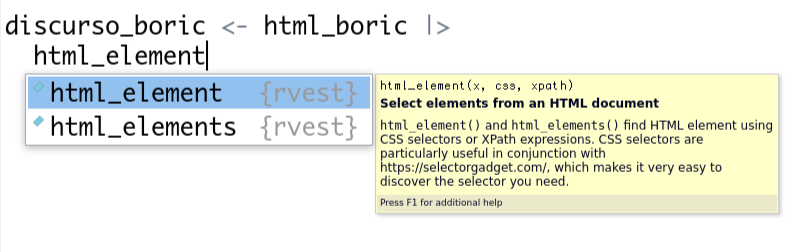 Captura de pantalla del bloque de código que estamos escribiendo, en el que se muestran las sugerencias que entrega RStudio cuando escribimos la función html_element