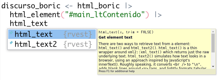 Captura de pantalla del bloque de código que estamos escribiendo, en el que se muestran las sugerencias que entrega RStudio cuando escribimos la función html_text