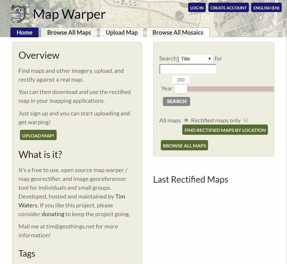 Animated gif demonstrating the clicks required to create an account from Map Warper's homepage