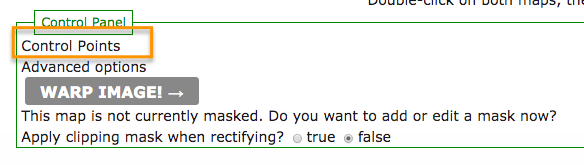 Cropped screenshot of Map Warper's interface depicting a section of the Control Panel with the Control Points button highlighted