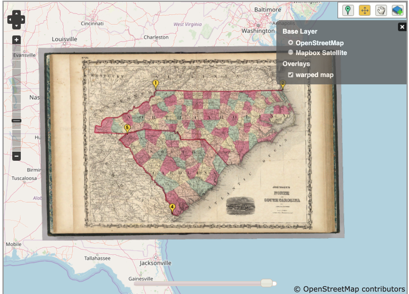 Screenshot of Map Warper's interface, with the scanned historical map of North Carolina and South Carolina overlaid onto a contemporary 'base layer' map of the same geographical region, at the same scale. At the upper left, there is a four-way navigation tool, and a slider-style zoom tool. At the upper right, there are icons including a marker point, a hand, and a four-way navigation arrow. A semi-opaque, information panel at upper right indicates that the base layer originates from OpenStreetMap and the overlay is a warped map.