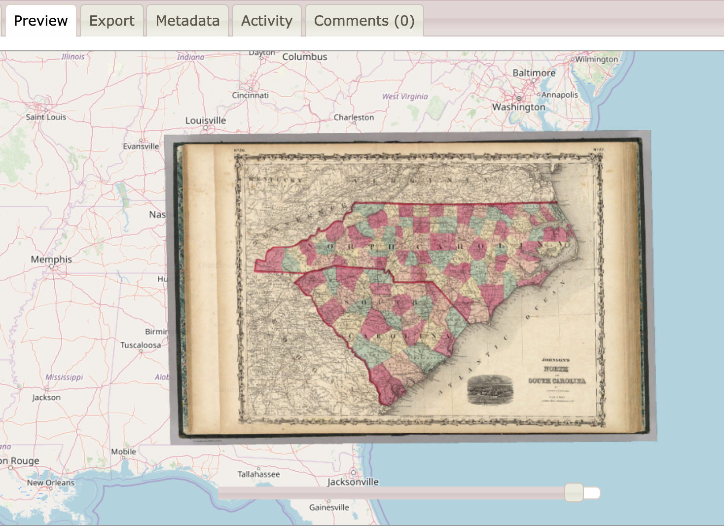 Screenshot of the Preview tab of Map Warper's interface, with the scanned historical map of North Carolina and South Carolina overlaid onto a contemporary 'base layer' map of the same geographical region, at the same scale. A slider bar at the bottom of the interface is adjusted from the leftmost position, slightly towards the right.