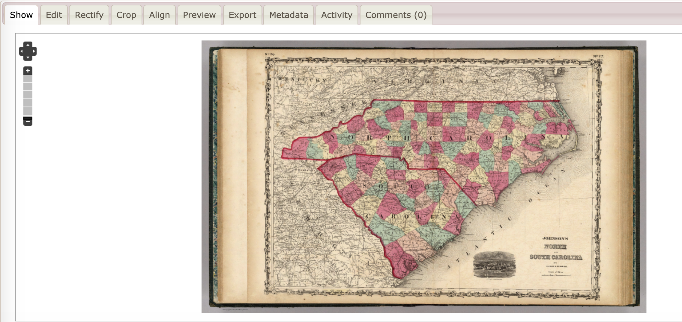 Screenshot of Map Warper's interface, with the Show, Edit, Rectify, Align, Preview and Export tabs at upper left. In the center of the interface is a scanned historical map, depicting North Carolina and South Carolina divided into counties and coloured variously in pink, green and pale yellow