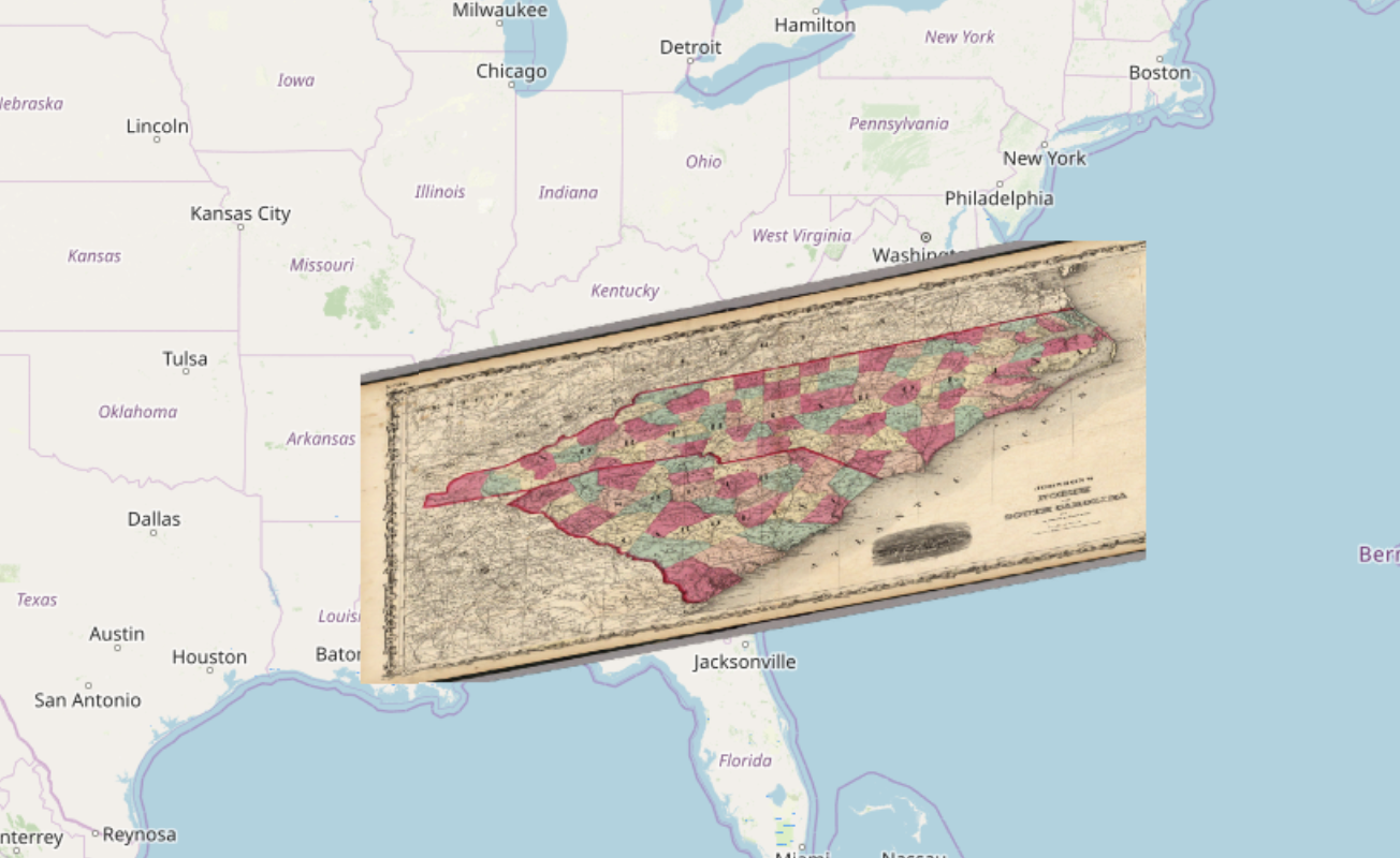 A historical map warped into an irregular quadrilateral shape, and overlaid onto a larger-scale contemporary map