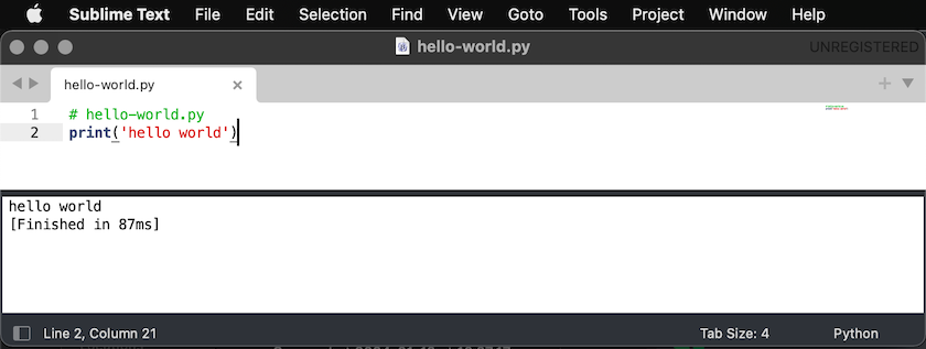 'Hello World' in Python on a Mac with Sublime Text