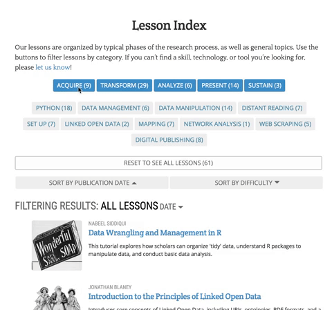Buttons for filtering lessons by phases and topics