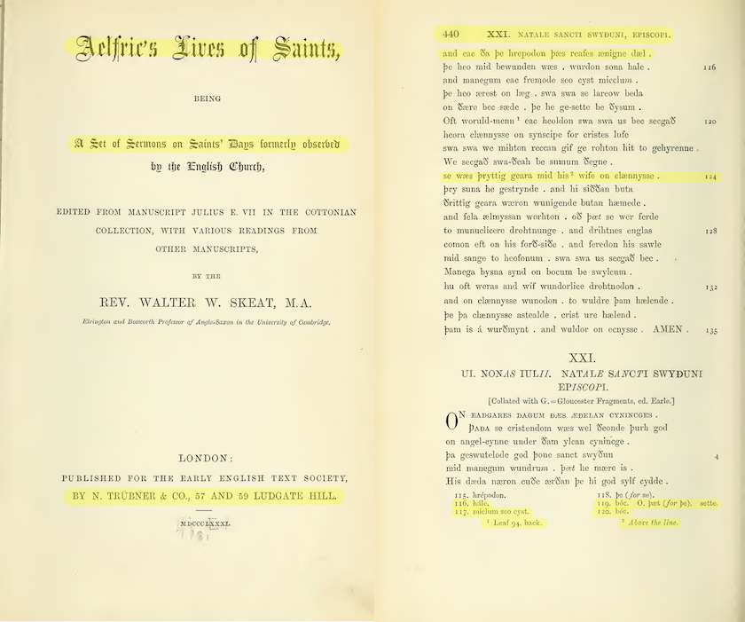 Two scanned pages of old English text with a yellow background. The first page is a title page with text in gothic font. The second page features footnotes arranged in columns.
