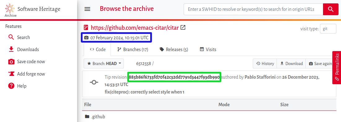 Capture d'écran mettant en évidence les endroits où repérer la date d'archivage et le code de hachage d'une version précise du package citar dans l'archive Software Heritage.