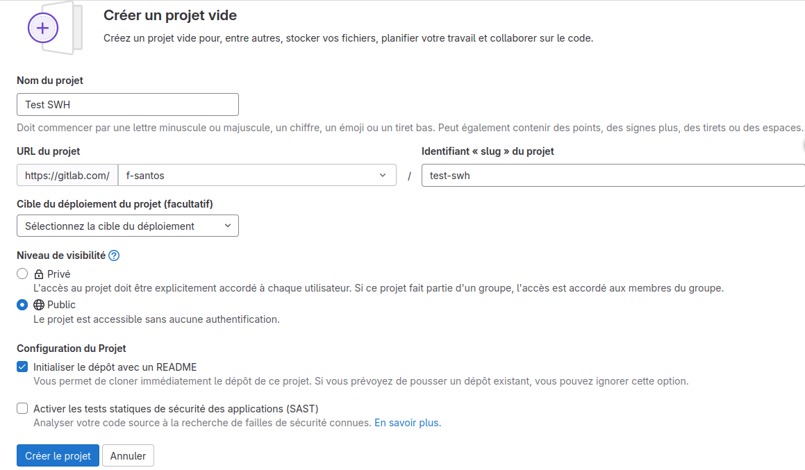 Capture d'écran indiquant les informations correctes à renseigner pour créer un nouveau projet sur la forge GitLab.com : nom, slug et visibilité.