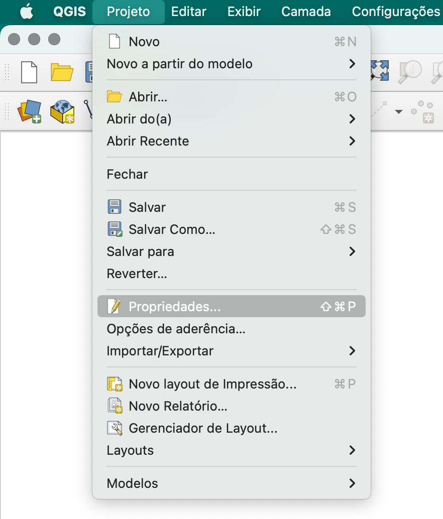 Barra de ferramentas do QGIS no mac, com a opção Propriedades (Atalho: Shift + Command + P) selecionada na aba Projeto.