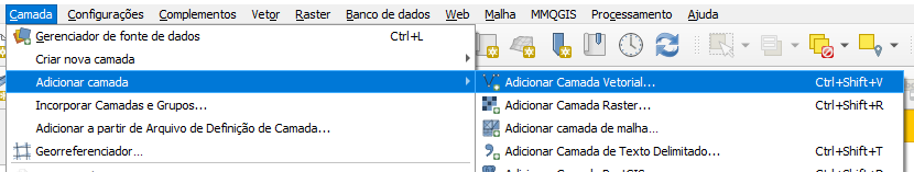 Barra de ferramentas do QGIS. No menu 'Camada', está selecionado 'Adicionar camada' e então 'Adicionar Camada Vetorial (Atalho: Ctrl + Shift + V)'. Ao lado de 'Adicionar Camada Vetorial' está o ícone de três pontos conectados por linhas, formando um V, e outro ponto conectado à ponta direita deste V, formando um traço. No canto inferior direito do ícone há um símbolo de + contra um círculo verde.