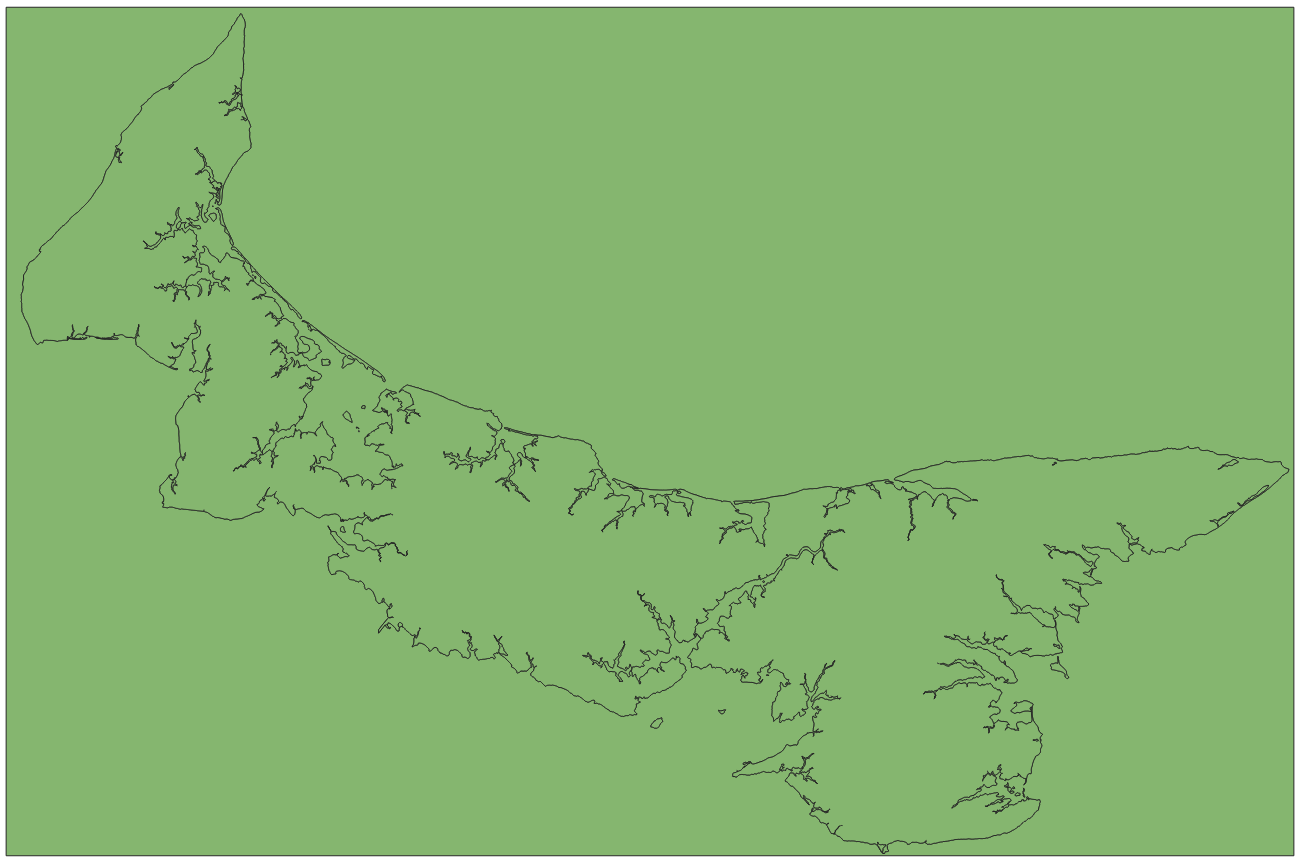 Mapa da costa da Ilha de Prince Edward. O mapa demarca apenas o contorno de toda a costa. O mapa inteiro, tanto o território da ilha quanto o fundo do mapa, estão coloridos pelo mesmo tom de verde.