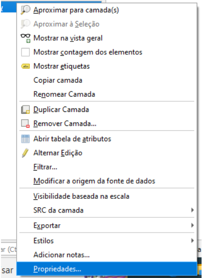 Menu de opções para a camada coastline_polygon.shp', com a opção 'Propriedades' selecionada.