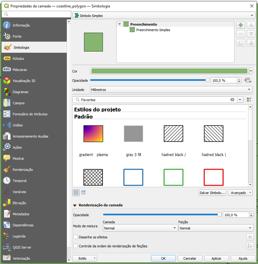Caixa de diálogo 'Propriedades da camada – coastline_polygon – Simbologia' com a opção de estilo 'Simbologia Simples' selecionada. Na opção 'Preenchimento' está selecionado 'Preenchimento Simples', com as seguintes configurações: uma cor sólida (verde), opacidade 100% e milímetros como unidade. Em seguida, há um campo de pesquisa para os diferentes estilos disponíveis. Na aba 'Renderização da camada' as configurações são as seguintes: opacidade 100%; no 'Modo de mistura', tanto 'Camada' quanto 'Feição' estão com a opção 'Normal' selecionada; as opções 'Desenhe os efeitos' e 'Controle de ordem de renderização de feições' não estão assinaladas.