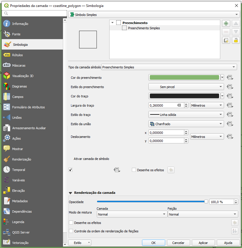 Menu de edição de 'Preenchimento Simples' na mesma caixa de diálogo 'Propriedades da camada – coastline_polygon – Simbologia' com as seguintes configurações: 'Tipo de camada símbolo: Preenchimento Simples', uma cor sólida (verde) como 'Cor do preenchimento', 'Estilo de preenchimento: Sem pincel', uma cor sólida (preto) como 'Cor do traço', 'Largura do traço: 0,260000 Milímetros', 'Estilo do traço: Linha sólida', 'Estilo da união: Chanfrado', o deslocamento dos vetores X e Y são ambos 0,000000 milímetros, e a opção 'Ativar camada de símbolo' está assinalada. As configurações da aba 'Renderização da camada' permanecem as mesmas da etapa anterior.