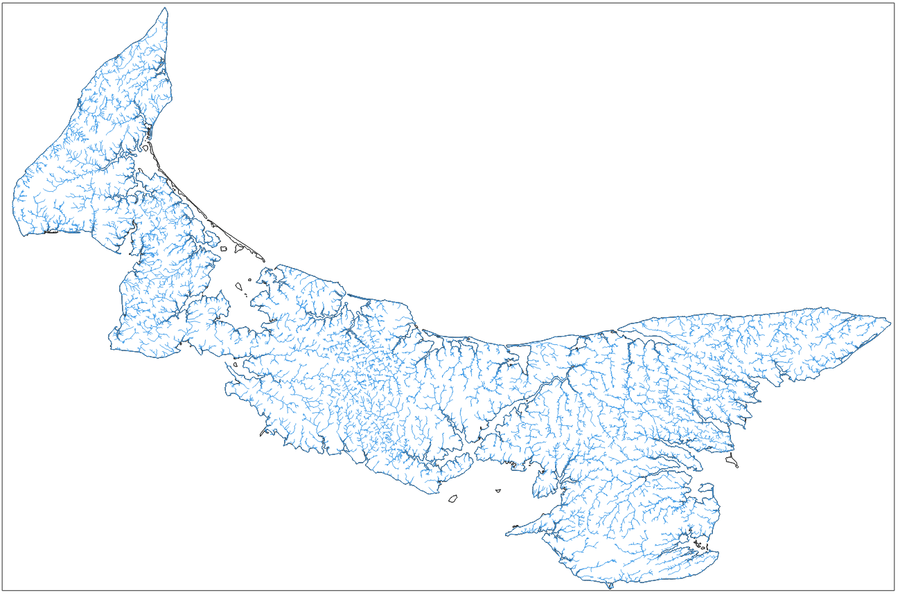 Um mapa hidrográfico da Ilha de Prince Edward sobre um fundo branco, com linhas azuis para demarcar os rios.