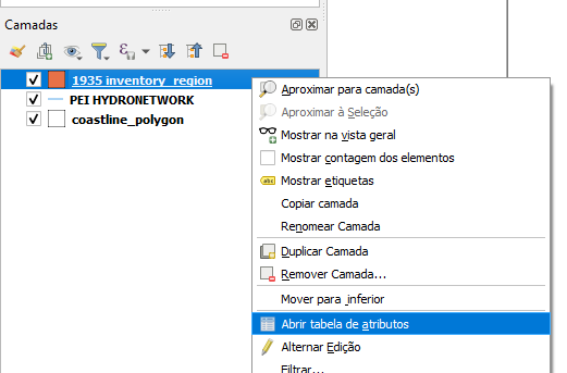 Menu de opções da camada 1935 inventory_region com a opção Abrir tabela de atributos selecionada.