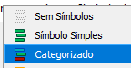 Menu de estilos da janela Propriedades de Camada – Simbologia com a opção Categorizado selecionada.