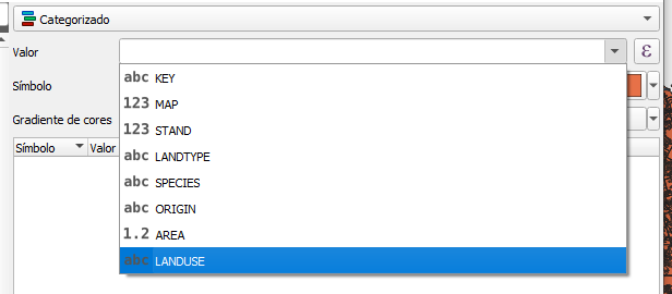 Menu do campo 'Valor' com as opções 'KEY', 'MAP', 'STAND', 'LANDTYPE', 'SPECIES', 'ORIGIN', 'AREA' e 'LANDUSE', estando esta última selecionada.