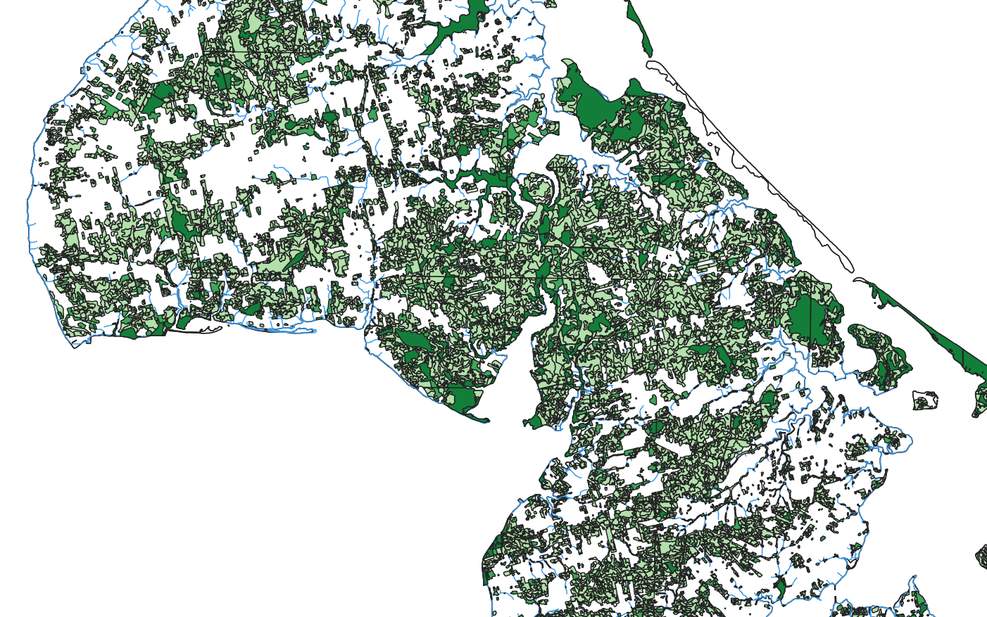 Um mapa da porção oeste da Ilha de Prince Edward, preenchido pelas linhas azuis do mapa hidrográfico anterior, e também pelo novo gradiente de cores, ilustrando o uso do solo na ilha.