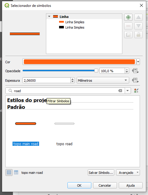 Janela do Selecionador de símbolos com dois tipos de Linha Simples, uma laranja e uma preta.