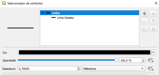 Caixa de diálogo 'Selecionador de símbolos' com 'Linha Simples' selecionado como opção de 'Linha'. Nas configurações, uma cor sólida (preto) foi selecionada, com opacidade 100% e uma espessura de 0,70000 milímetros.