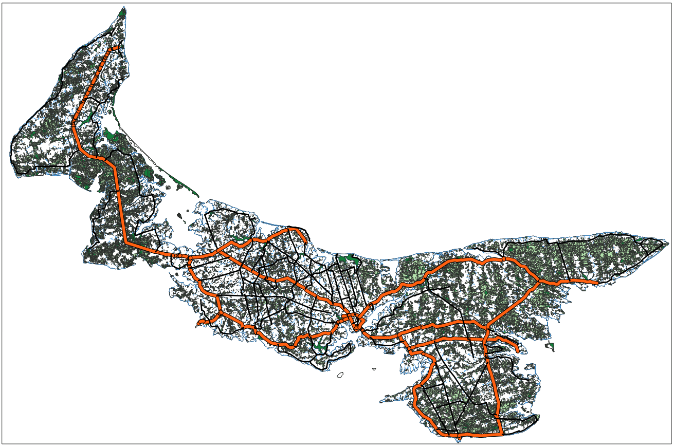 Um mapa da Ilha de Prince Edward com todos os elementos até aqui adicionados.