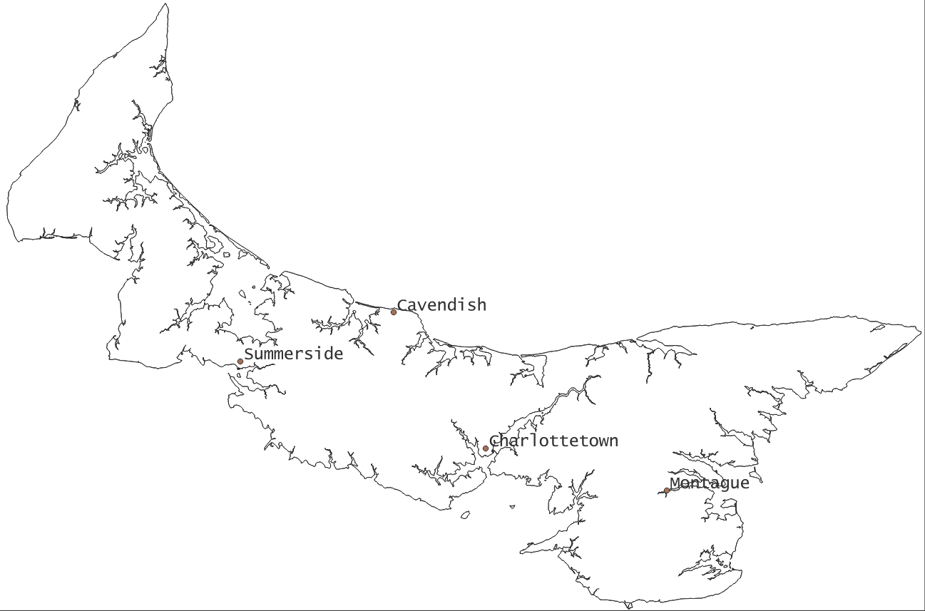 Um mapa da Ilha de Prince Edward, mas agora sem as informações anteriores, apenas o nome das cidades: Cavendish; Summerside, na costa oeste da ilha; Charlottetown, na costa sul; e Montague, na costa leste da ilha.