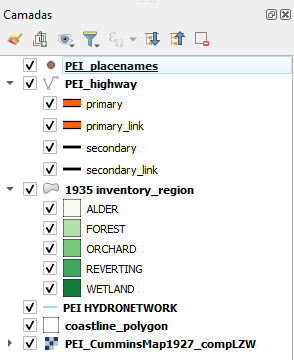 Seção de camadas do QGIS, mostrando todas as camadas criadas até então, estando todas visíveis: os centróides 'PEI_Placenames'; a camada vetorial 'PEI_highway', com os elementos 'primary', 'primary_link' (ambos tendo como ícone uma espessa linha laranja com finas bordas pretas), 'secondary' e 'secondary_link' (ambos tendo como ícone uma linha preta); a camada vetorial '1935 inventory_region', com o gradiente de tons de verde atribuído aos elementos 'ALDER', 'FOREST', 'ORCHARD', 'REVERTING' e 'WETLAND'; a canada vetorial 'PEI HYDRONETWORK'; a camada vetorial 'coastline_polygon'; e a camada raster 'PEI_CumminsMap1927_compLZW'.