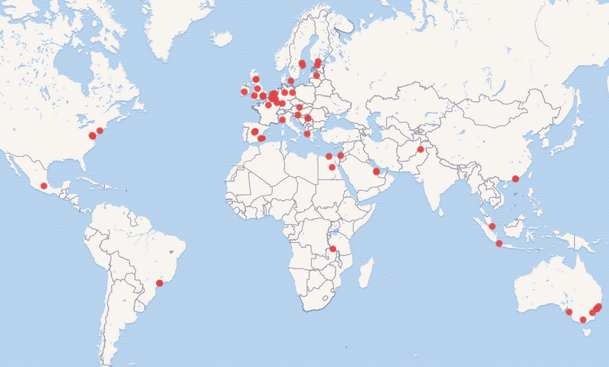 Mapa que representa las instituciones de la Comunidad Internacional GLAM Labs