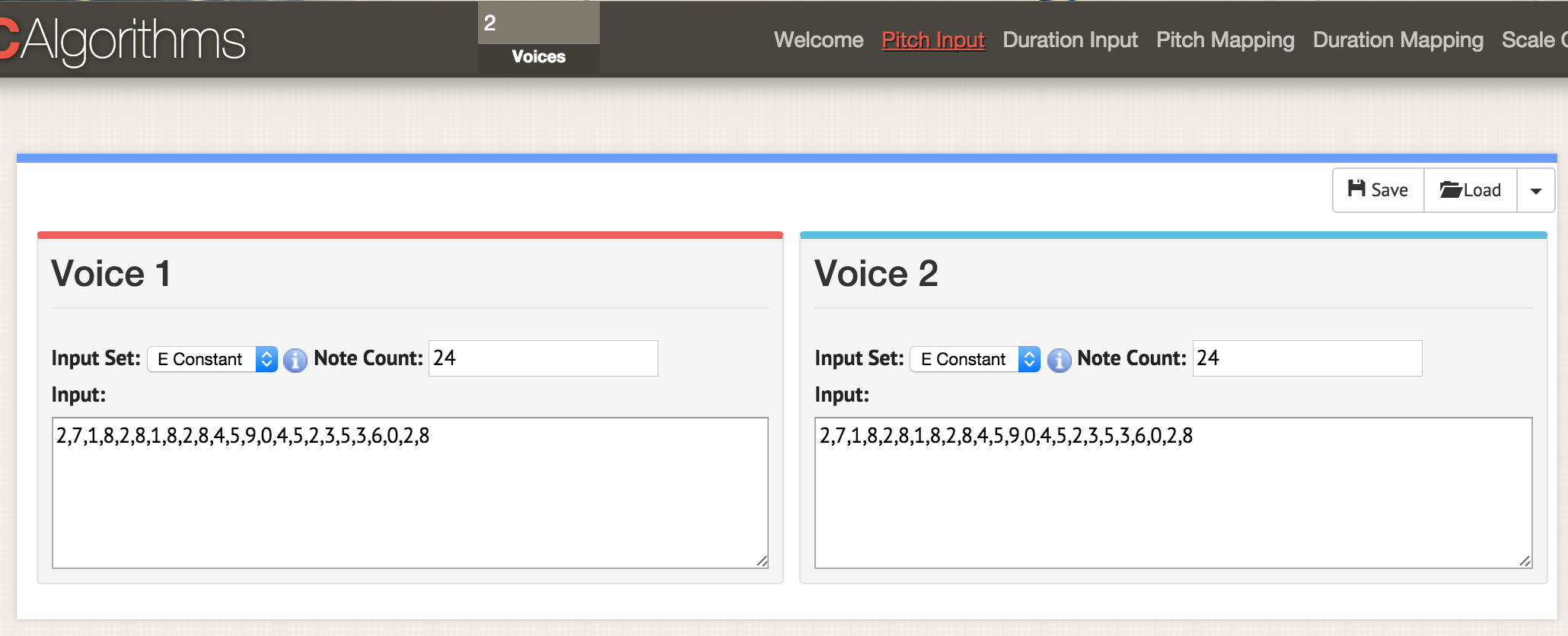 Coloque 2 na caixa de vozes no topo da interface. Quando você for para qualquer uma das páginas de opção - aqui, nós estamos em 'pitch input' - dois monitores abrem para mostrar os dados das duas vozes. Carregue os seus dados do csv como antes, mas formate o seu csv para ter o 'areaPitch1' e o 'areaPitch2' como descrito no texto principal. Os dados para a primeira voz irão aparecer na esquerda, e a segunda voz na direita.