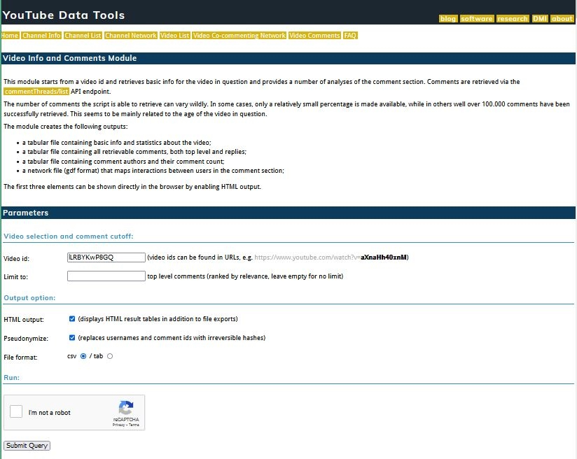 Screenshot image of YouTube Data Tools software displaying the data entry fields for video search, as well as other download options