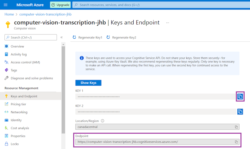 Screen capture of the Keys and Endpoint tab in the Azure Portal