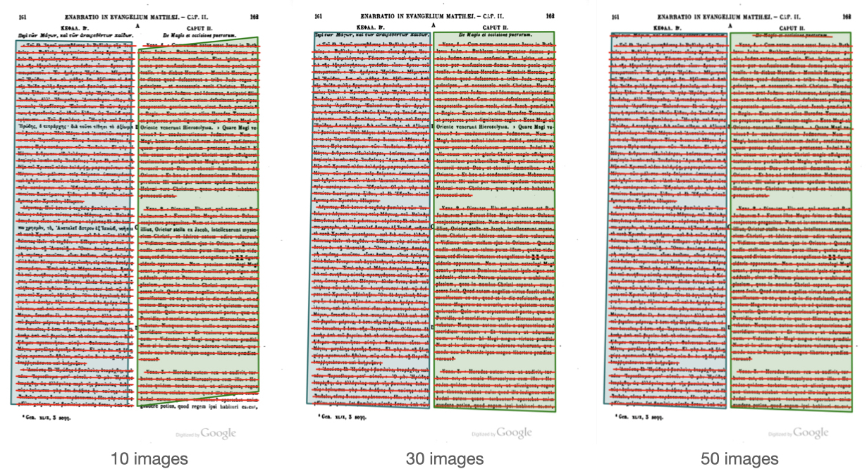 Évolution de la détection des zones et lignes de textes après 10, 30 et 50 images annotées