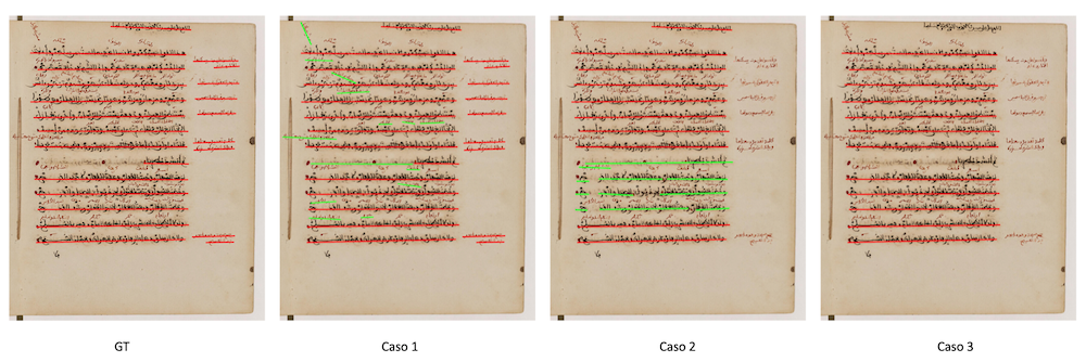 Três exemplos de deteção de linhas num manuscrito