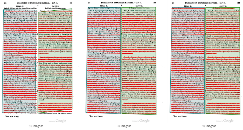 Evolução da deteção de zonas e linhas de texto após 10, 30 e 50 imagens anotadas