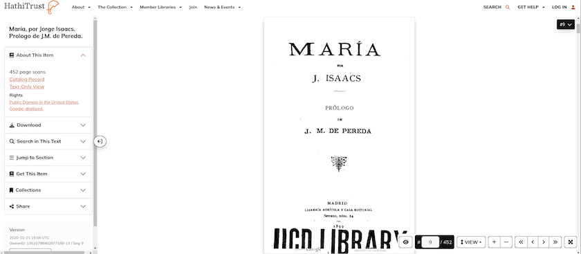 Ejemplar de la novela María en el sitio HathiTrust