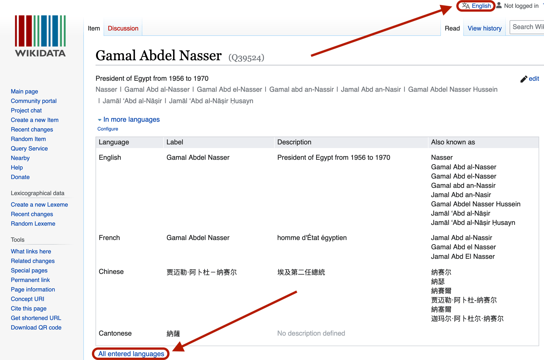 Screenshot of top lines of Wikidata item page for Gamal Abdel Nasser, showing label, description, and aliases in English, French, Chinese, and Cantonese. Links to change page language and to show all entered languages are circled in red.