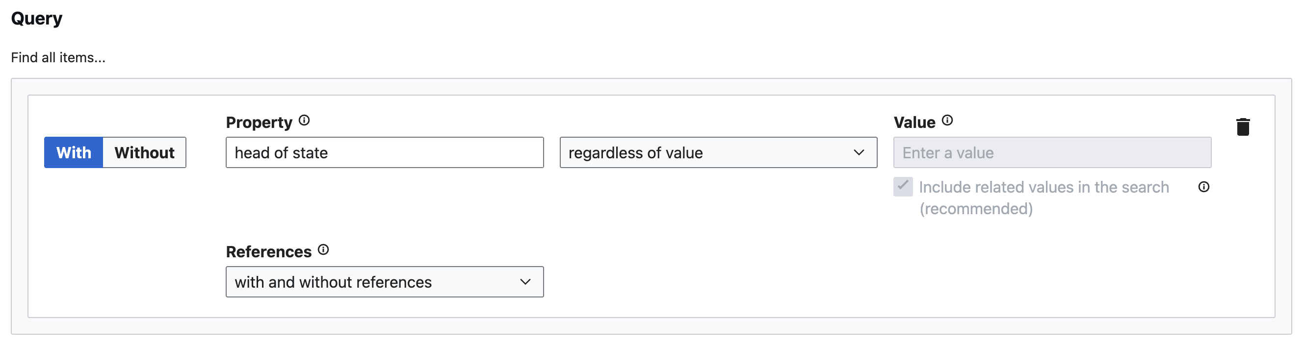 Screenshot of Wikidata Query Builder form, searching property head of state regardless of value.
