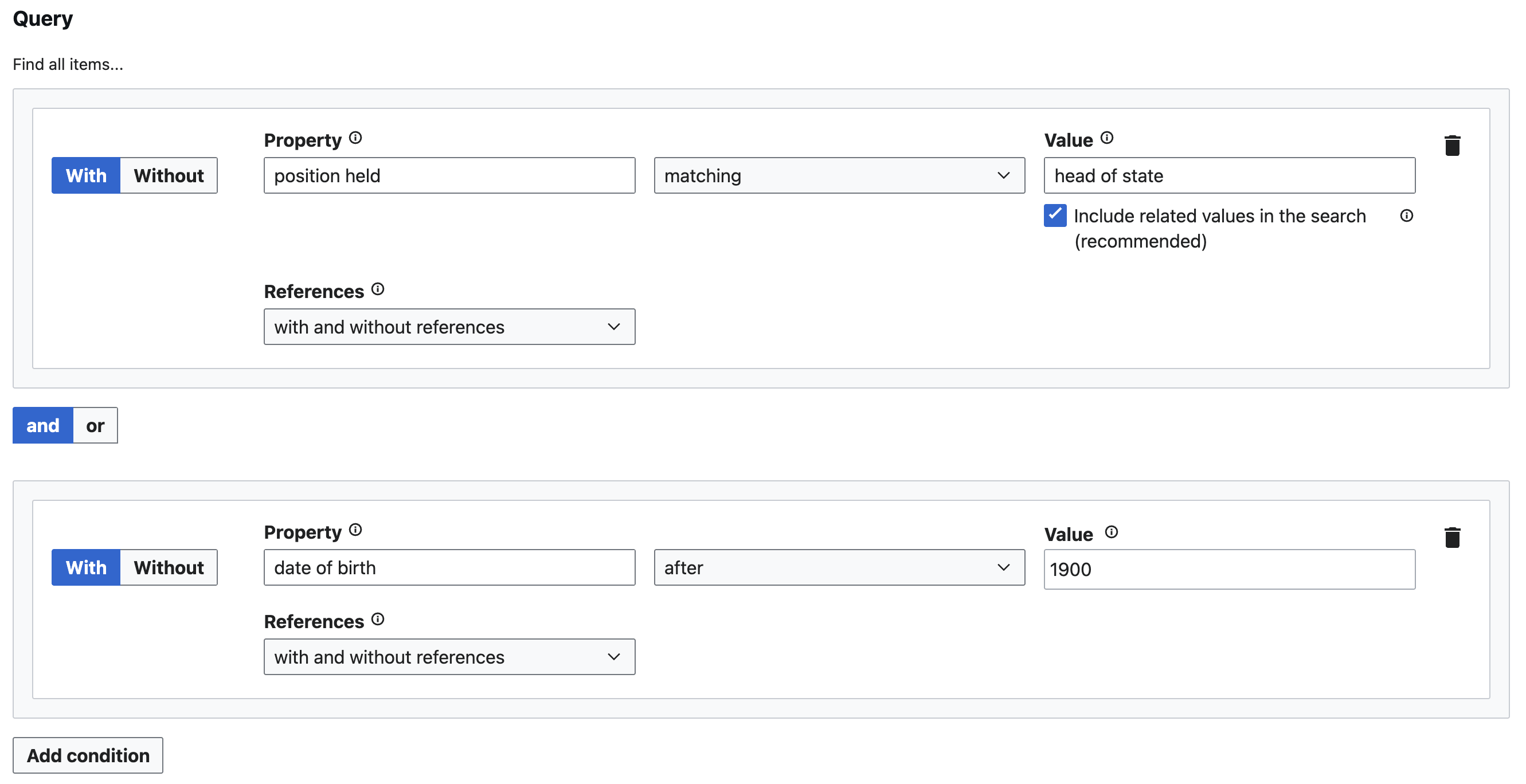 Screenshot of Wikidata Query Builder form, searching property holds the position of with value head of state, and the additional condition property date of birth after value 1900.
