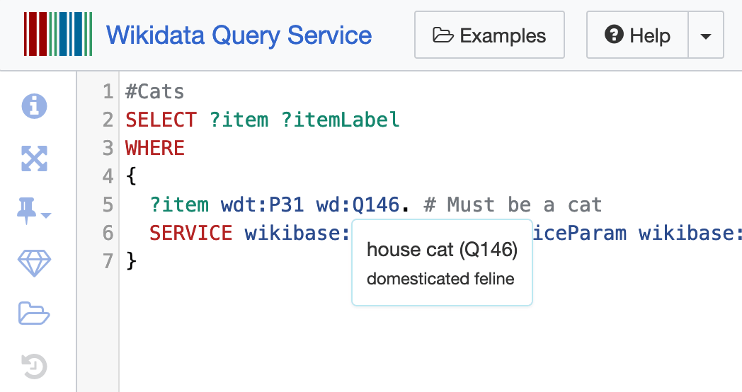 Screenshot of Wikidata Query Service SPARQL text of Cats example query.