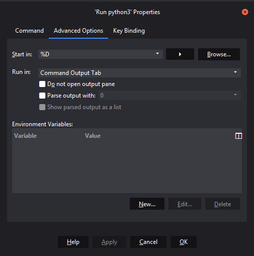 Configuración del comando 'Run Python Start'.